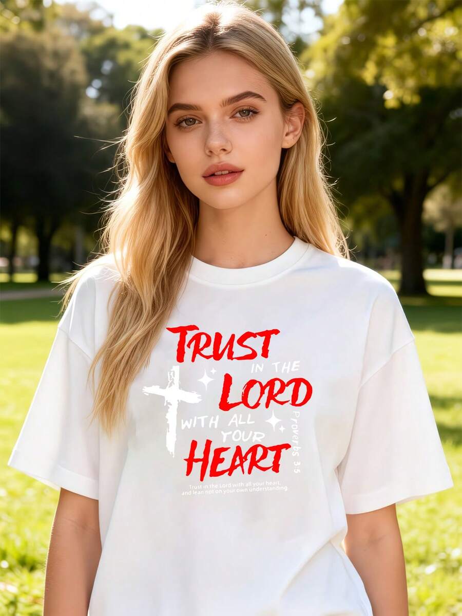Women's Pure Cotton Oversized Short Sleeve T-Shirt Religious Cross Graphic Print Casual Summer Everyday Top - White - View 1