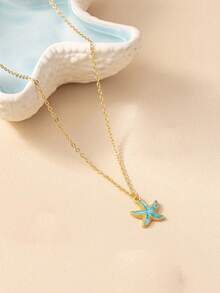 1pc Fashionable Versatile Exquisite Energetic Summer Beach Vacation Style Blue Starfish Pendant Necklace, Suitable For Women's Daily Wear - Baby Blue - View 1