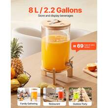 Dispenser per bevande, dispenser per bevande da 8L per feste, dispenser per succhi in vetro con supporto in legno, rubinetto in acciaio inossidabile, dispenser per tè freddo, limonata, succhi e acqua per feste - 8 litri - Visualizzare 2