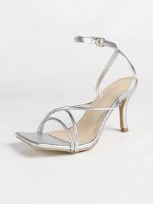 Escarpins à talons hauts aiguilles bout carré et ouvert pour femmes, argentés, polyvalents, confortables, élégants, style minimaliste féerique pour le trajet quotidien - Argent - Voir 2