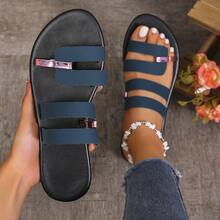 Women's Solid Color Vacation PU Leather Criss-Cross Strap Slide Sandals, Beach Outdoor Spring/Summer Round Toe Flat Lightweight Open Toe Slip-On Shoes - Navy Blue - View 13