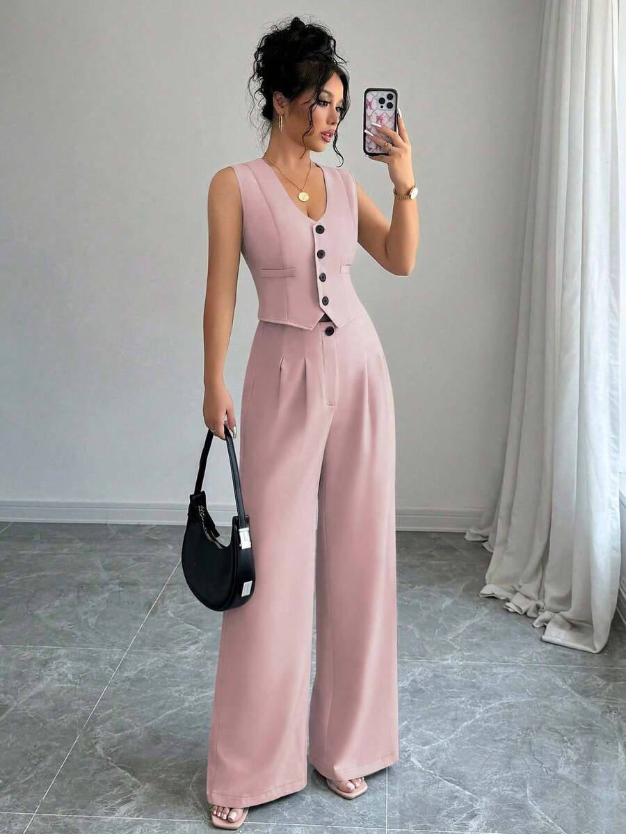 Conjunto de chaleco sin mangas y pantalones - Rosa Pálido - Ver 1