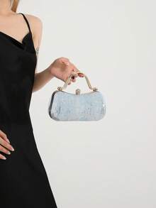 Ins Style Luxury Rhinestone Evening Clutch, Metal Handle Design, Exquisite Rhinestone Details, Compact Shape, Suitable For Dates, Parties And Gatherings - Blue - View 8