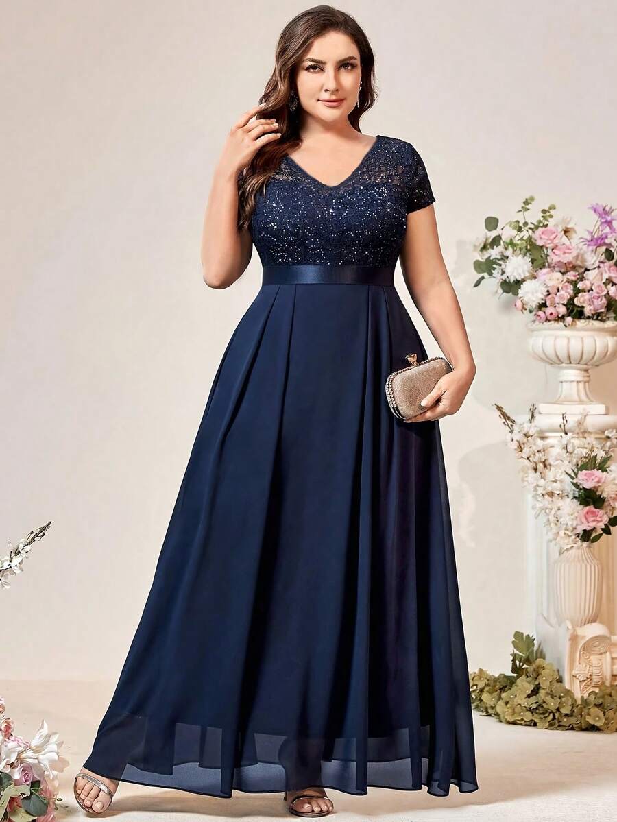 Talla Grande - Vestido de Encaje con Abertura en la Espalda y Ajuste en la Cintura para Mujer de Talla Grande - Albaricoque - Ver 1