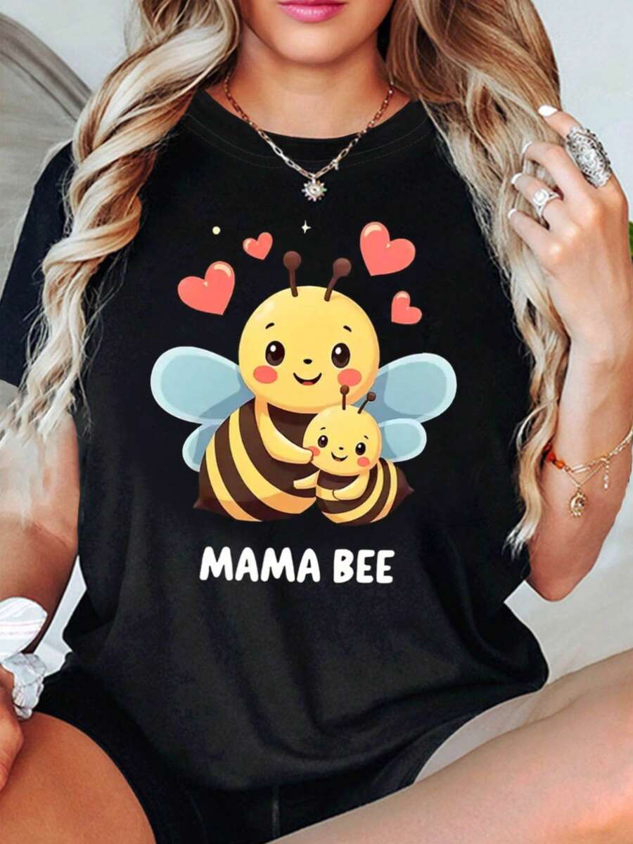 Camiseta con Estampado de Abeja Mamá "MAMA BEE" para Mujer, Manga Corta, Cuello Redondo, Casual, para Primavera/Verano, Uso Diario, Regalo para Fiestas - negro - Ver 1