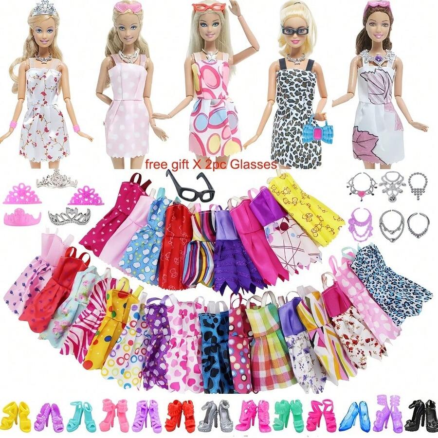 24pcs Doll Clothing Set, Multiple Styles 5pcs Shoes, 5pcs Dresses, 6pcs Necklaces, 6pcs Crowns, Gift 2pcs Glasses (Fits 11.5 Inch Tall Dolls, Doll Not Included) - Color and Style Are Random. - View 1