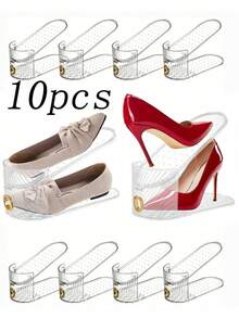10pcs Vertical Shoe Rack With Gold Decorative Rings, Space-Saving Shoe Storage Organizer For Closet, Entryway And Bedroom, Durable Plastic Material, Designed For Sneakers, High Heels And Flats, Ideal For Summer High Heels Storage, Shoe Slot Organizer, Shoe Stacking Storage Rack For One Pair, Adjustable Thickened Double Layer 50% Space-Saving, Suitable For Closet Storage (Transparent) - Multicolor - View 1