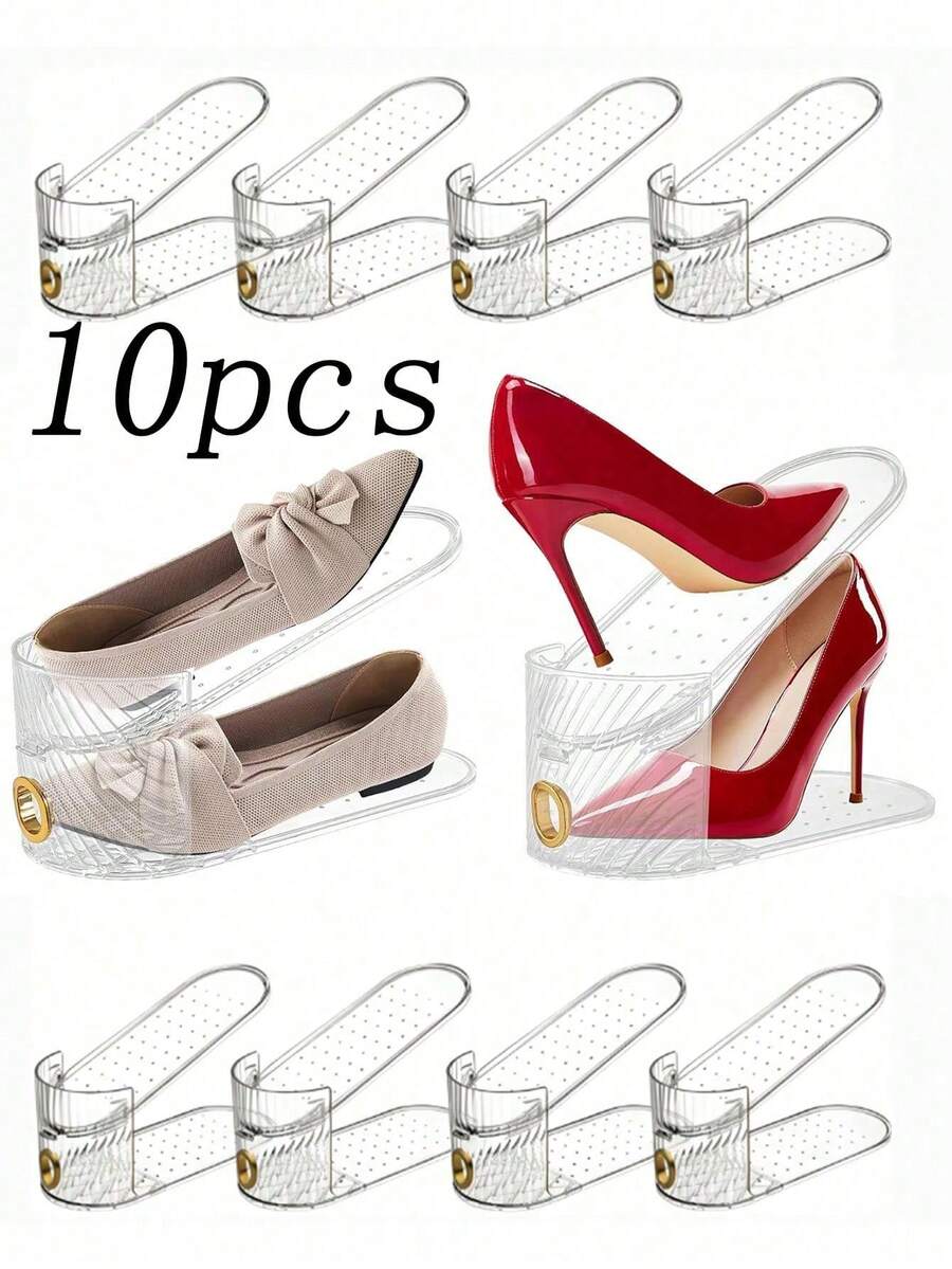 10pcs Vertical Shoe Rack With Gold Decorative Rings, Space-Saving Shoe Storage Organizer For Closet, Entryway And Bedroom, Durable Plastic Material, Designed For Sneakers, High Heels And Flats, Ideal For Summer High Heels Storage, Shoe Slot Organizer, Shoe Stacking Storage Rack For One Pair, Adjustable Thickened Double Layer 50% Space-Saving, Suitable For Closet Storage (Transparent) - Multicolor - View 1