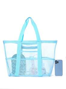 Tas Pantai Jaring Poliester Berongga Kapasitas Besar, Tas Laundry Perjalanan, Tas Penyimpanan Perlengkapan Renang, Tas Pantai Jaring Minimalis, Hadiah Hari Ibu untuk Ibu - Biru - View 3