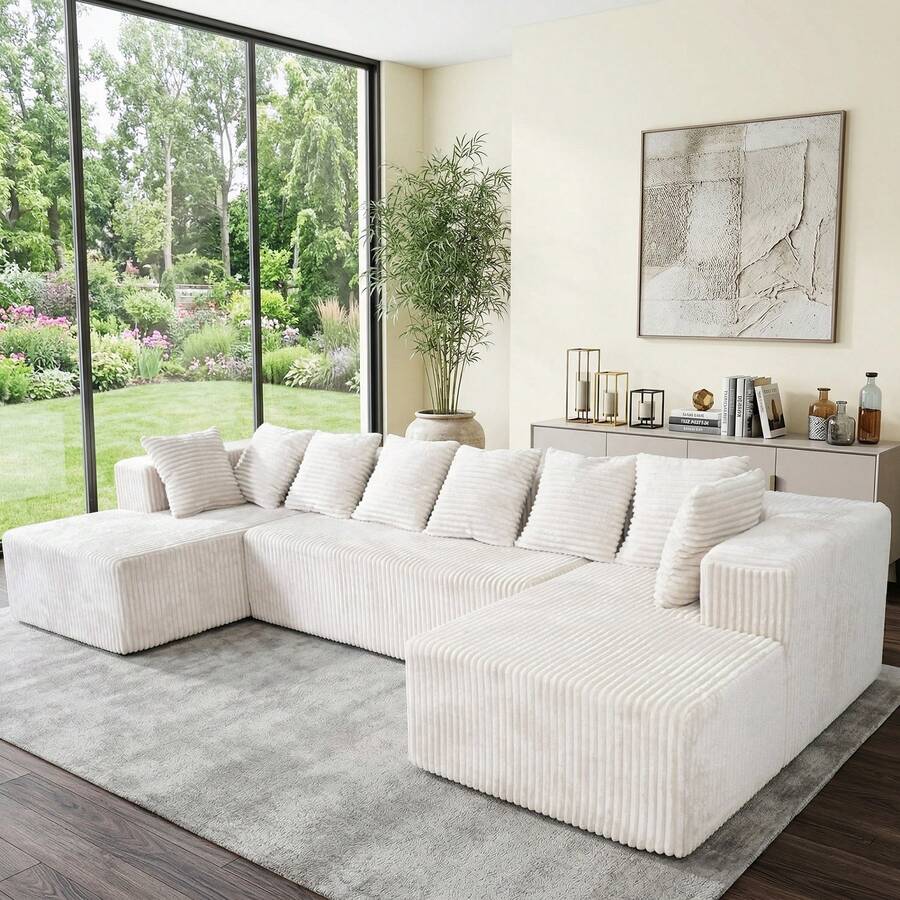 Boneless Couch,Modular U-Shaped Corduroy Sectional Sofa,130-Inch 4-Seater Chaise Lounge With Reversible Design, No Assembly Modular Cloud Couch, 72-Hour Fluff Recovery, Striped Corduroy Fabric In Beige/White – Sectional Living Room Or Bedroom Couch. - 米色 - 查看 1