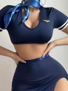 1套Cosplay空服員制服，性感角色扮演警察洋裝，夜店性感女裝表演服，日系學生純欲水手服 - 藏蓝色 - 查看 2