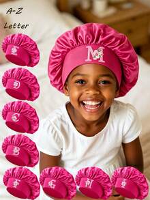 1pc Toddler Satin Hair Bonnet, Hair Protection, 3-8 Years Old Girls Sleep Cap, Floral & Letter Design, Adjustable Night Cap - Hot Pink - View 1