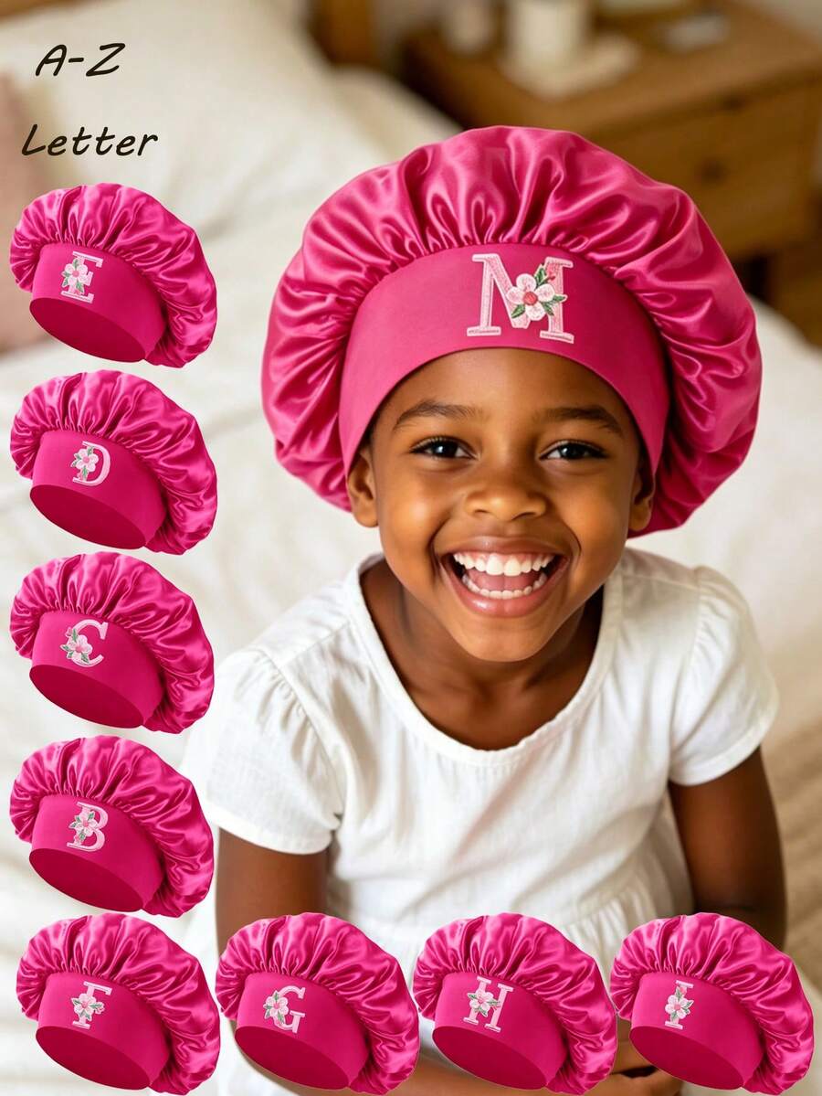 1pc Toddler Satin Hair Bonnet, Hair Protection, 3-8 Years Old Girls Sleep Cap, Floral & Letter Design, Adjustable Night Cap - Hot Pink - View 1