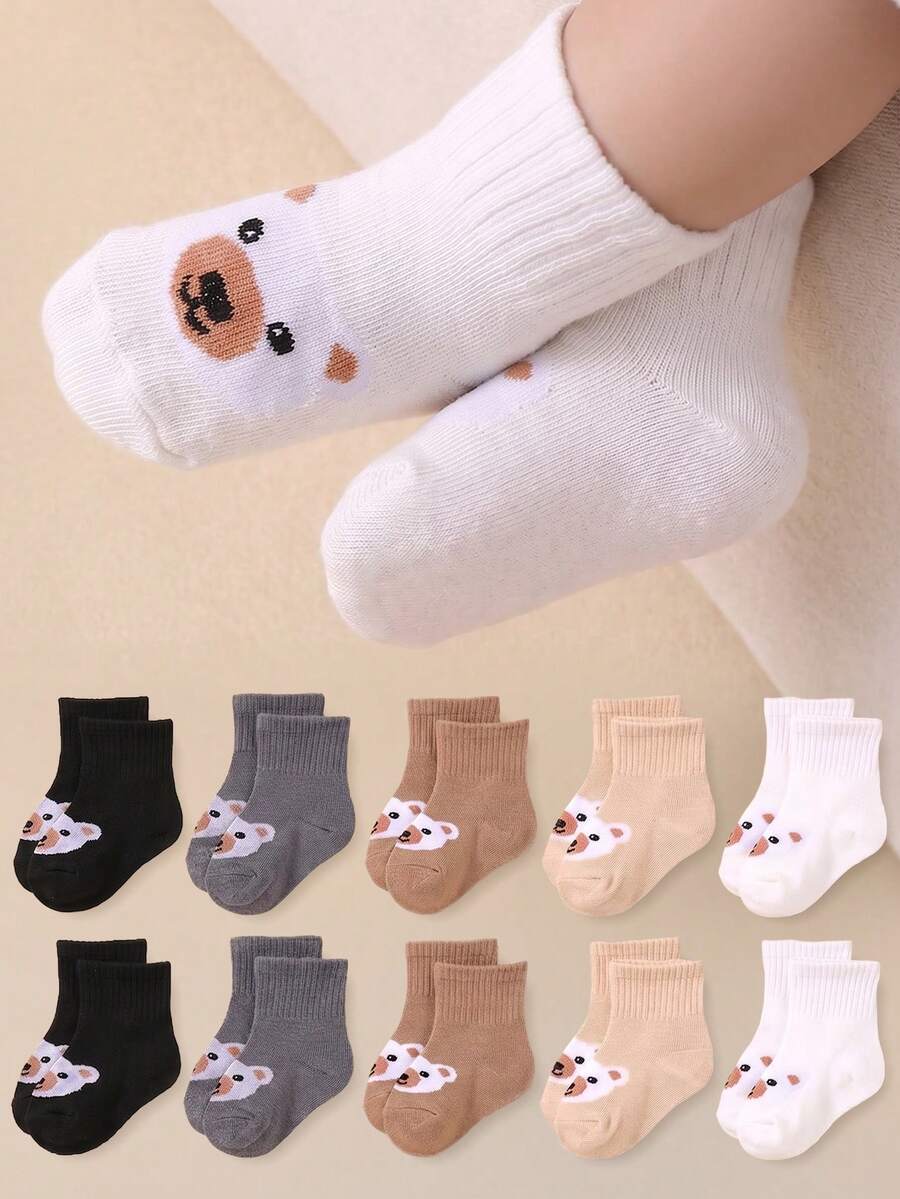 5 Pairs/Set Cute Bear Print Casual Elastic Mid-Calf Socks For Babies/Kids, Suitable For Daily Wear - Multicolor - View 1