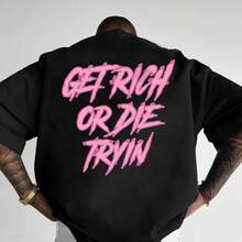 Camiseta de Hombre de Corte Holgado con Estampado de Grafiti Get Rich Die Tryin' - Estilo-Hop Streetwear, Estampado de Letras Rosadas, Cuello Redondo Holgado, Manga Corta, Diseño Llama - Negro - Ver 6