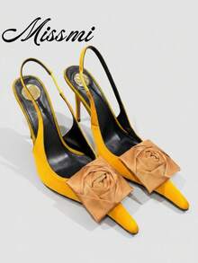 2026春季新款尖头细高跟凉鞋，性感花朵图案闭趾高跟鞋，优雅品质[注：3D花朵为手工制作，形状可能随机变化]，母亲节礼物 - 黃色 - 查看 1