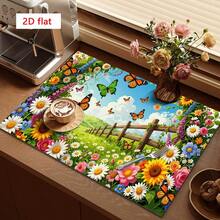 1pc Dish Drying Mat, Coffee Machine Mat, Pastoral Wooden Fence Floral Butterfly Print, Durable, Excellent Water Absorption, Suitable For Dining Table, Cafe And Other Scenes, Create Natural Fresh Atmosphere, Multipurpose Drainage Mat, Home Gift, Tabletop Decor - XYLSD-469 - View 2