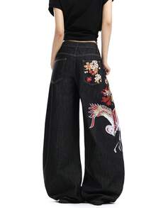 女款美式復古刺繡寬腿牛仔褲,寬鬆街頭風休閒四季日常長褲 - 黑色 - 查看 3