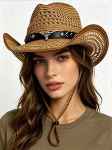 Men's Western-Style Straw Cowboy Hat, Outdoor UV-Protective Sun Hat, Breathable Woven Summer Hat - Multicolor - View 3