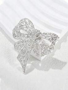 1pc Vintage Elegant Personalized Rhinestone Black Large Bow Brooch For Cardigan Blazer Women's Accessory - Silver - View 1