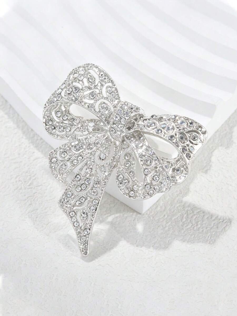 1pc Vintage Elegant Personalized Rhinestone Black Large Bow Brooch For Cardigan Blazer Women's Accessory - Silver - View 1