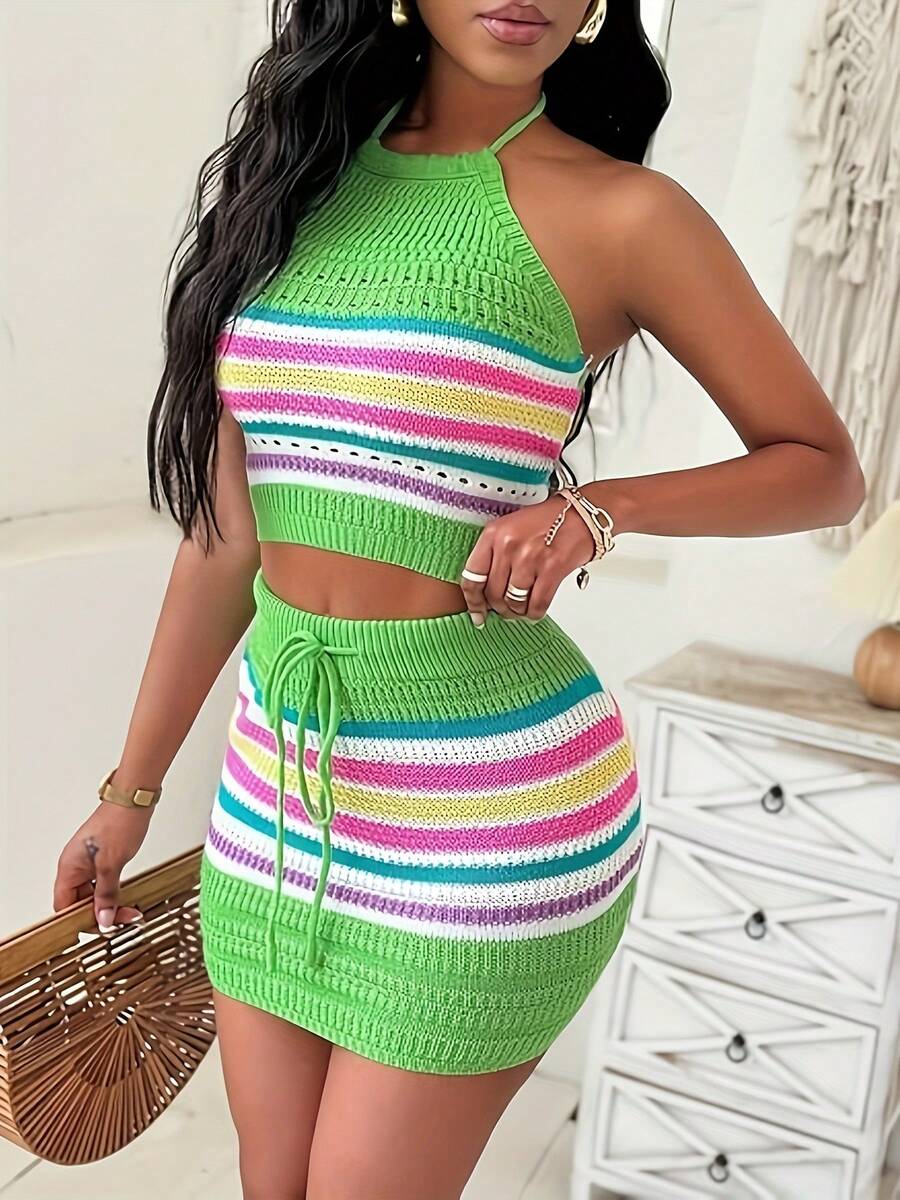 Conjunto de Top y Falda sin Espalda con Crochet a Rayas Multicolores - Verde claro - Ver 1
