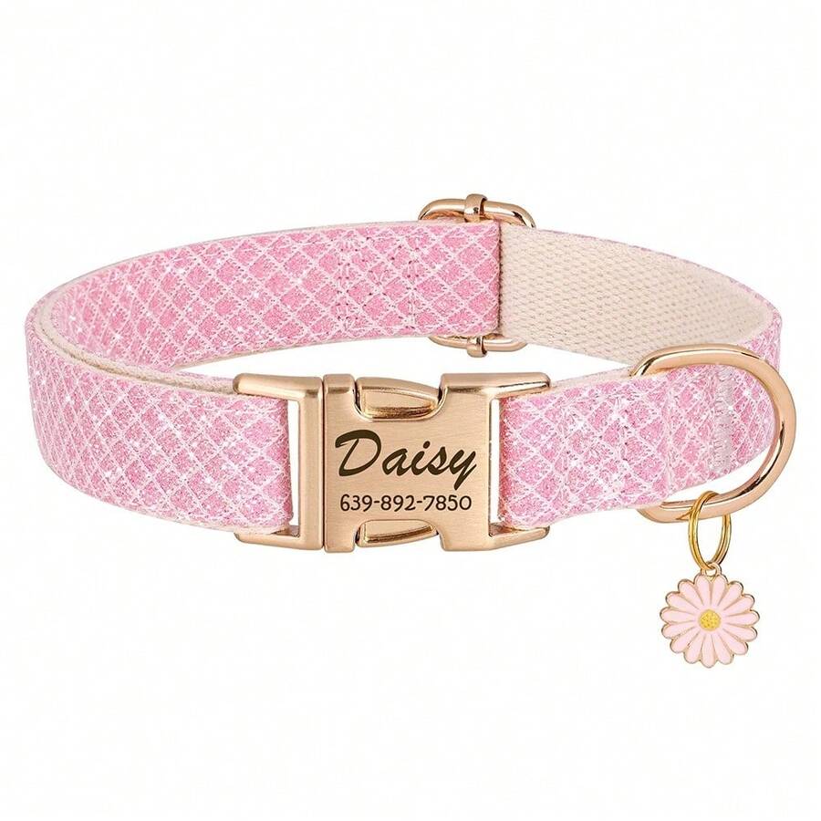 Personalized Dog Collar Shiny Nylon Dog Collars with Cute Flower Tag Engraved Pet Name ID Buckle Collar for Small Large Dogs Chihuahua - Rosa - Ver 1