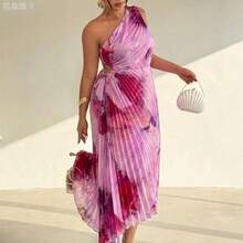 yonghongmaoyi1  Vestido sin mangas con estampado floral teñido anudado y bajo asimétrico, estilo de vacaciones para mujer de talla grande - Morado - Ver 10