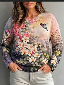 Curve Plus Size Vintage Floral Hummingbird Print Sweater Women Hollow Out Mesh Long Sleeve Crew Neck Loose Casual Knit Jumper - Multicolor - View 1