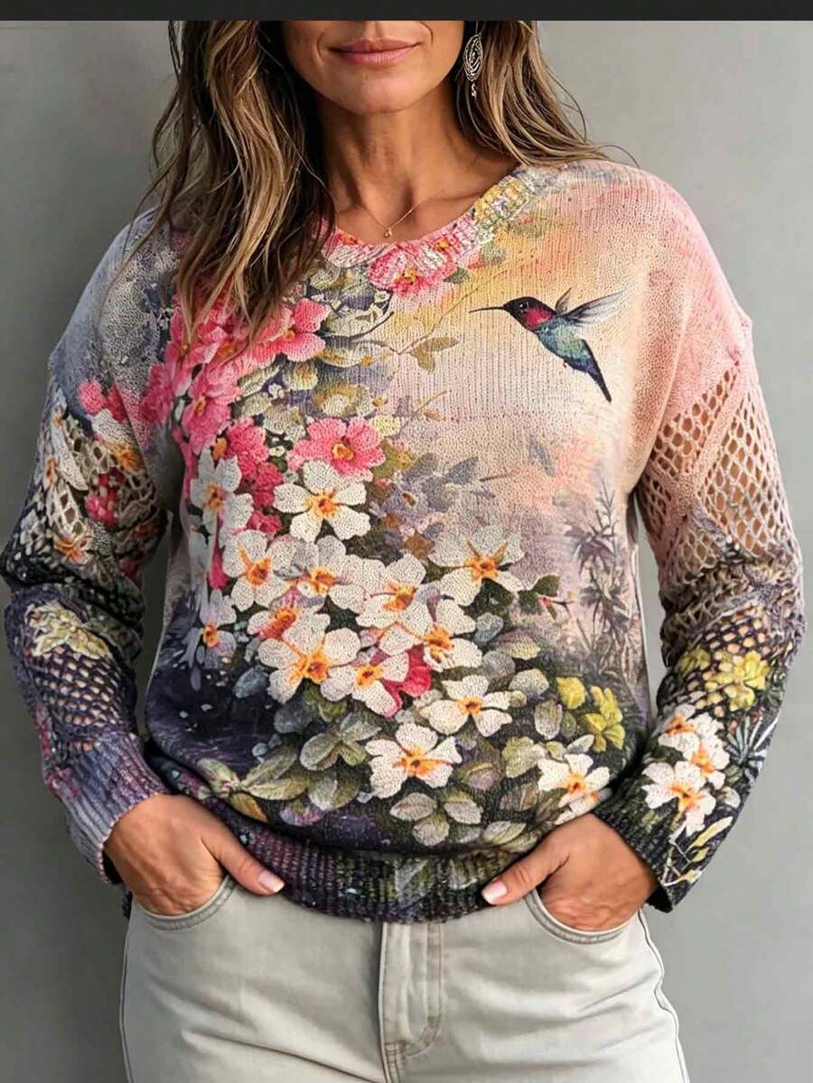 Curve Plus Size Vintage Floral Hummingbird Print Sweater Women Hollow Out Mesh Long Sleeve Crew Neck Loose Casual Knit Jumper - Multicolor - View 1