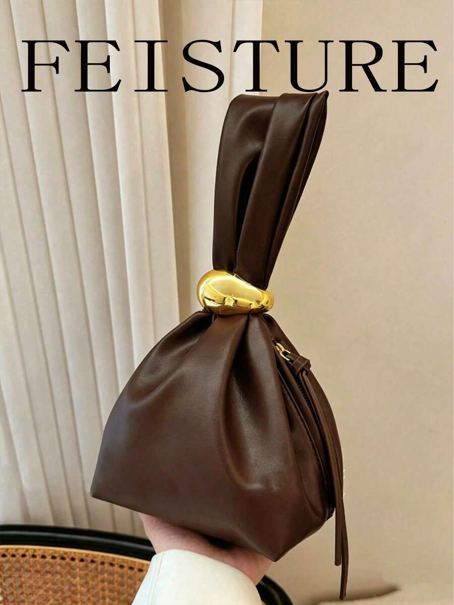 FEISTURE 1pc Plain PU Leather Pleated Cloud Shaped Handbag For Girls, Women, College Students, And Office Workers, Suitable For Work, Business, Commute, And School
