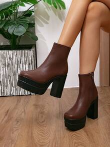 Botas de moda para mujer Otoño/Invierno Nuevo estilo con hebilla única Botas estilo británico Botines Tacón grueso Versátil Tacón alto Suela gruesa Zapatos para mujer - Marrón - Ver 1