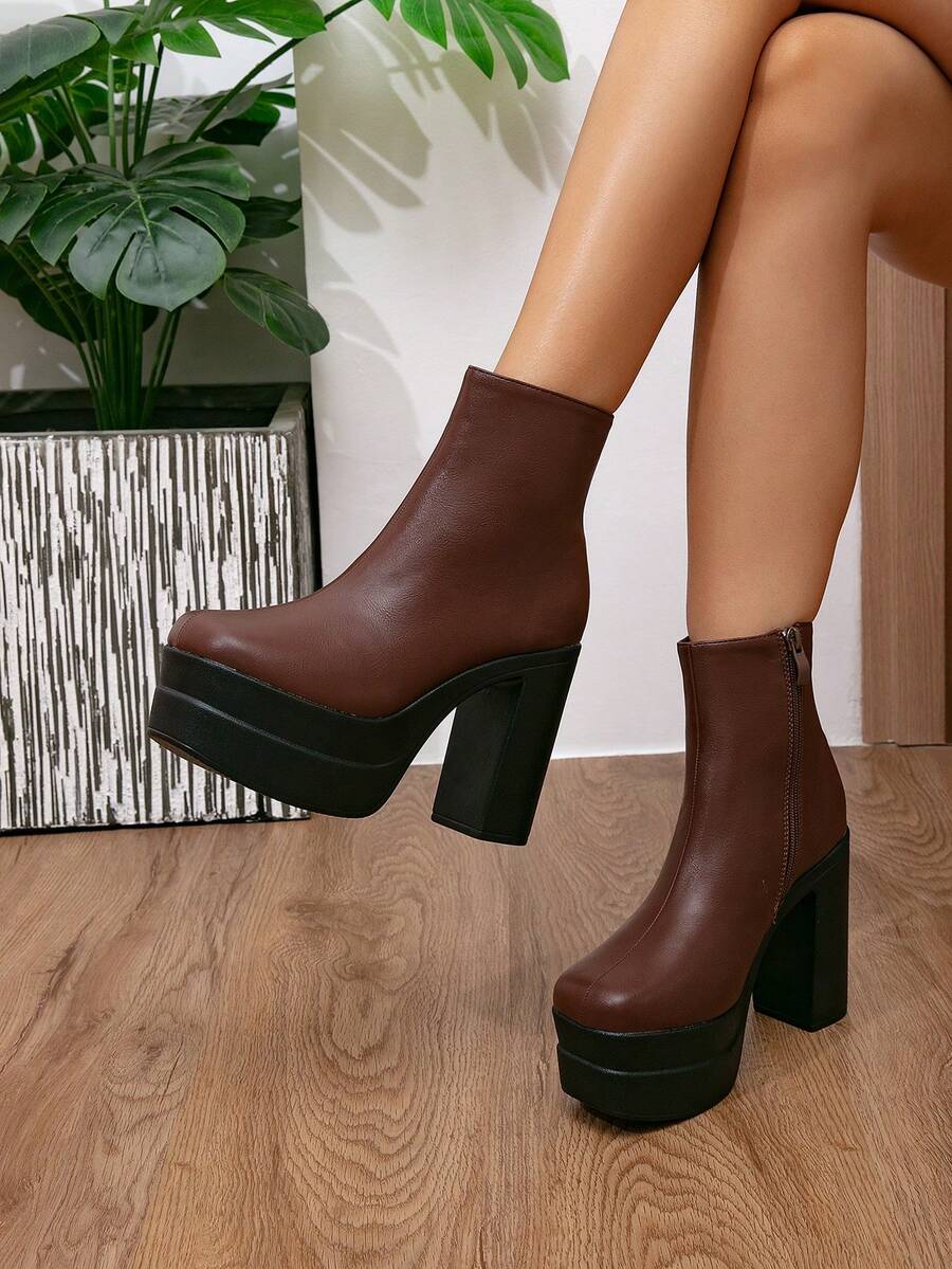 Botas de moda para mujer Otoño/Invierno Nuevo estilo con hebilla única Botas estilo británico Botines Tacón grueso Versátil Tacón alto Suela gruesa Zapatos para mujer - Marrón - Ver 1