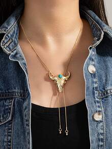1pc European & American Western Cowboy Style Bull Head Unisex Long Pendant Necklace - Yellow Gold - View 6