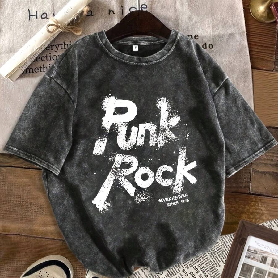 Washed Distressed Snowflake Circle Round Neck Short Sleeve T-Shirt For Women, Creative Minimalist Vintage Letter Front Chest Pattern Print New - Black - View 1