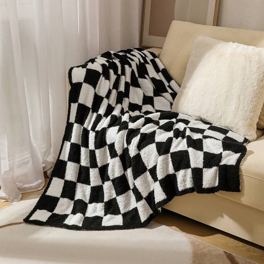 2026 Sofa Cover, Checkered Velvet Cover, Checkered Pattern Cover, Knitted Cover, Small Air Conditioning Cover, Half-Velvet Nap Cover. - Black - View 1