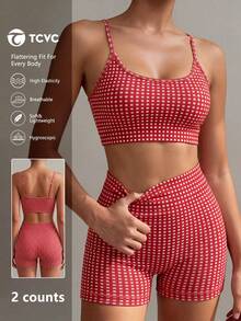 TCVC Setelan 2 Potong Wanita Motif Kotak-kotak Merah, Atasan Tank Crop Bergaris dengan Tali Bahu Tipis yang Dapat Diatur dan Bantalan yang Dapat Dilepas + Celana Olahraga Pinggang Tinggi Pengontrol Perut - Red and White - View 1