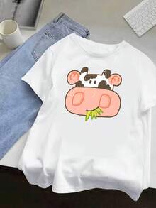 ve, diseño de cara de vaca de dibujos animados y puntos negros, transpirable para uso diario en primavera y verano, disponible en varios colores (se muestra el beige claro) blusas para mujer - Albaricoque - Ver 8