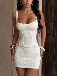 Women's Summer White Lace Fishbone Waist Dress, Suitable For Party, Gathering, Travel, Vacation, Beach - White - View 5