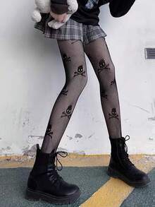 1件裝女款黑色骷髏印花魚網褲襪，鏤空哥德龐克Y2K美學襪，街頭與蘿莉塔性感彈性底襪 - 黑色 - 查看 4