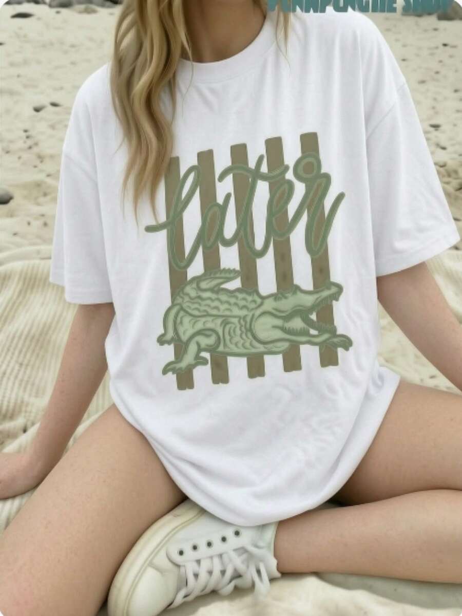 Casual White Round Neck Tee With Crocodile Graphic, Short Sleeve Regular Fit Top For Women, Y2K Summer Streetwear Style, Fabric Slight Stretch - 白色1 - 查看 1