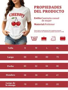 Camiseta Blanca para Mujer, Casual, Manga Corta, Cuello Redondo, Estampado de Cerezas, Ropa Casual de Primavera y Verano, Blusa Moderna a la Moda - Blanco - Ver 9
