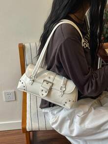 Women's Shoulder Bag, Fashion Studded Motorcycle Bag, Gold Street Style Versatile Underarm Bag, Baguette Bag - White - View 4
