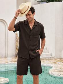 Mercer Haus Men's Casual Solid Color Simple Khaki Shirt & Drawstring Shorts Set, Summer , Suitable For Summer Tropical Holiday Vacation In Hawaii. - Coffee Brown - View 1