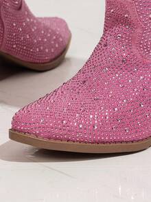 Women's Pink Rhinestone Cowgirl Boots, Bling Mid-Calf Western Chunky Heel Shoes - Pink - View 5