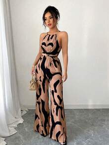Milk Print Jumpsuit With Halter Neck And Cord 2026 - 棕 - 查看 1
