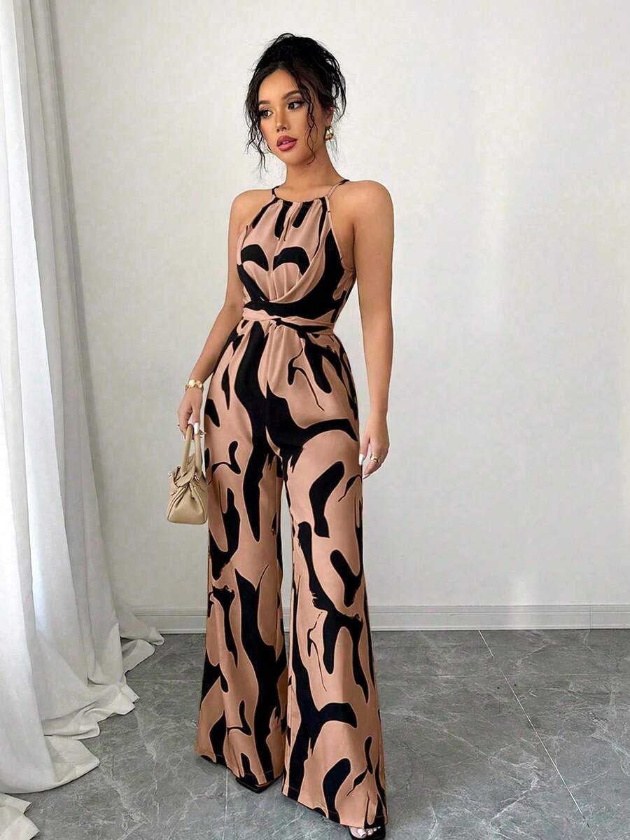 Milk Print Jumpsuit With Halter Neck And Cord 2026 - 棕 - 查看 1
