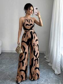 Milk Print Jumpsuit With Halter Neck And Cord 2026 - 棕 - 查看 4