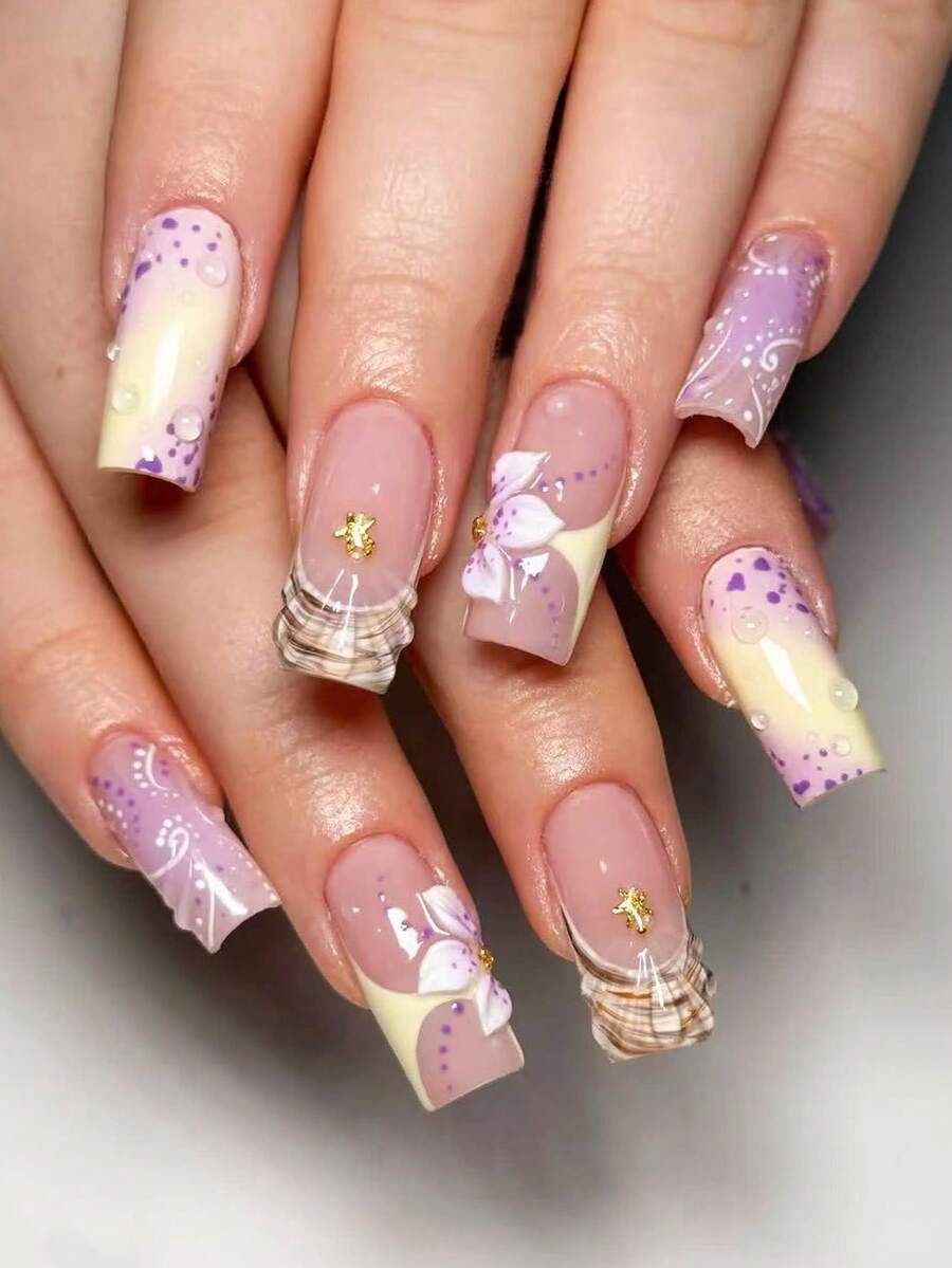 24pcs Nude Pink Purple Yellow Gradient 3D Flower Nail Art Ocean Style Shell Pattern Fake Nails With Jelly Glue + Nail File, Suitable For Sweet Girl / Vacation Style / Daily - Mauve Purple - View 1