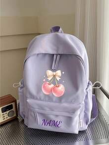 1 pieza Mochila personalizada de gran capacidad para volver a la escuela, versátil con estampado de lazo lindo & cereza, cierre de cremallera, material de nylon, correas de hombro ajustables, portátil a mano, adecuada para la escuela, el transporte, las compras, los viajes al aire libre. Regalo de cumpleaños. - Multicolor - Ver 14